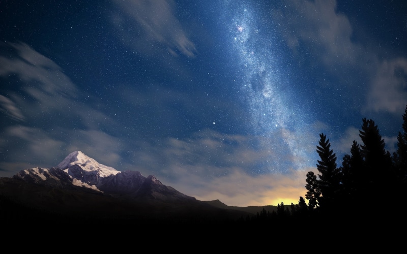 blue, dark, clouds, snowcapped mountain, astronomy, Milky Way, snow, night, nebula, stars, space, mountains, majestic, tree, star Shape, nature, winter