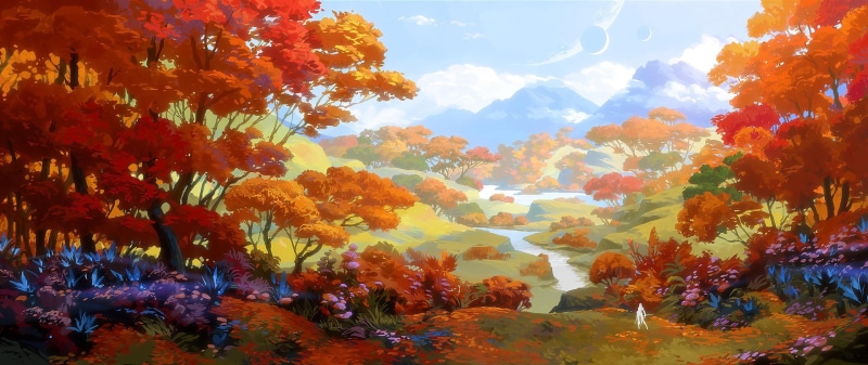 illustration, seasons, digital art, planets, trees, artwork, nature, 2K, sky, Mountains, landscape, river, concept art, creature, clouds, forest, environment