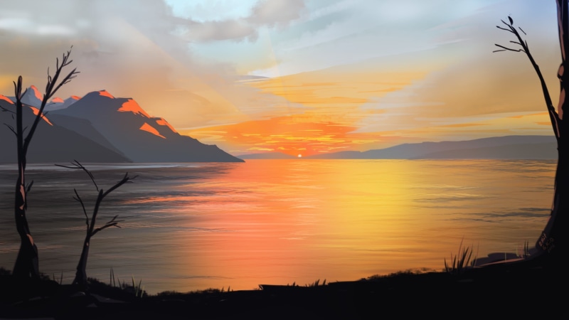 tranquil scene, paining, no people, non-urban scene, nature, sea, artwork, orange color, tree, silhouette, trees, illustration, water, scenics - nature