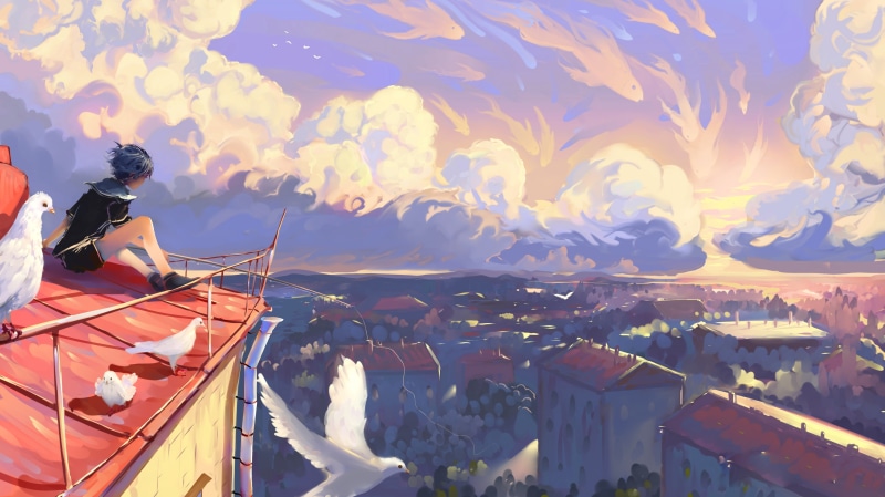 top, sunlight, mode of transportation, built structure, roof, water, 4K, sunset, reflection, artwork, men, transportation, digital art, painting, architecture