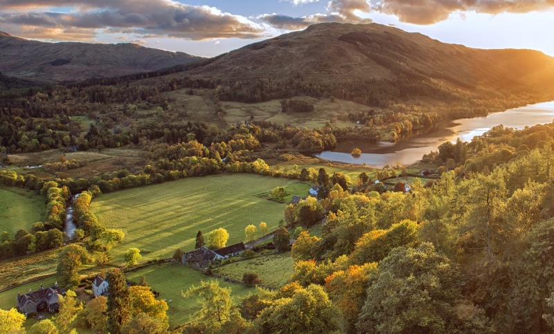 mountains, aerial, green mountains, Rob Roy, Loch Voil, photo, europe, aerial photo, tree, Boars, Scotland, mountain, Creag, sky, Balquhidder, rural Scene
