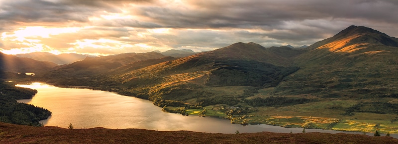 mountain Peak, outdoors, Ben Ledi, scenics, mountain, Ben Aan, green mountain, nature, sky, green, Trossachs, sunset, loch venachar, lake, landscape, 8K