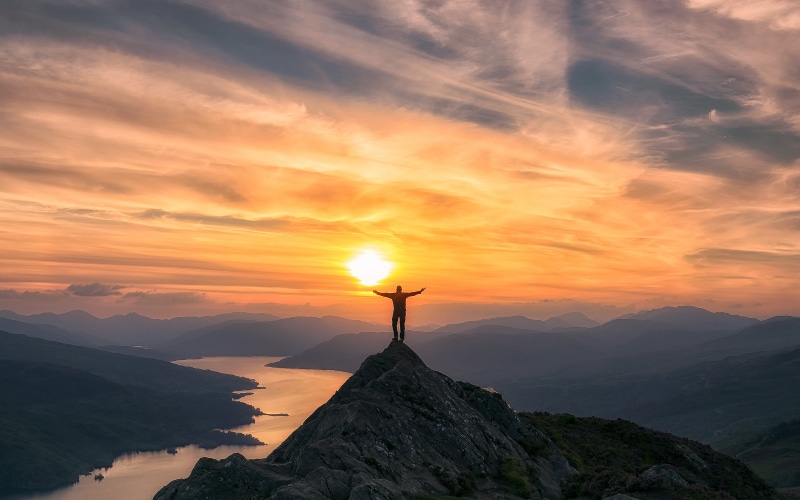 sky, top, Ben Aan, Sunset, photo, silhouette, mountain, mountain Peak, on top, Scotland, nature, outdoors, man, Trossachs, 5K, Loch Katrine