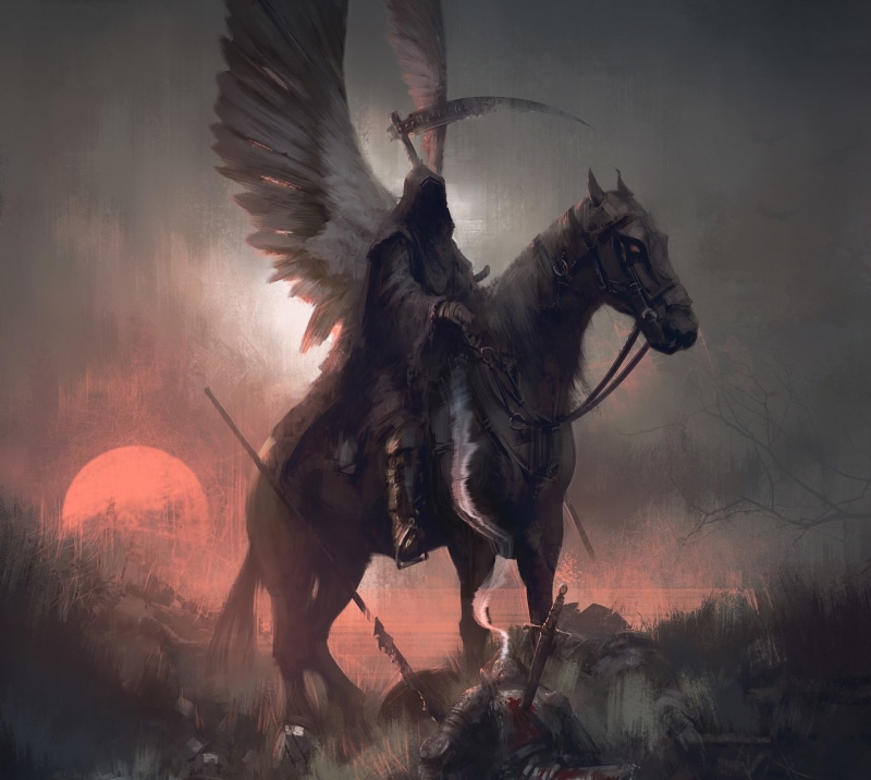 horse, Joakim Ericsson, 720P, sunset, sword, dark fantasy, digital art, wings, warrior