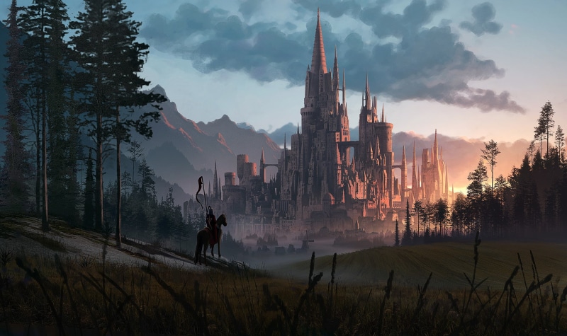 medieval, illustration, fantasy art, landscape, knight, flag, digital art, 1080P, forest, horse, castle, soldier