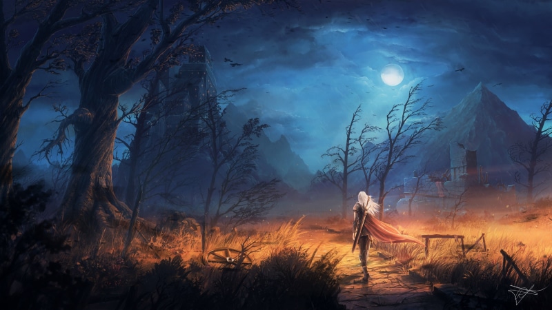 castle, digital art, landscape, warrior, 2K, night, fantasy art, sword