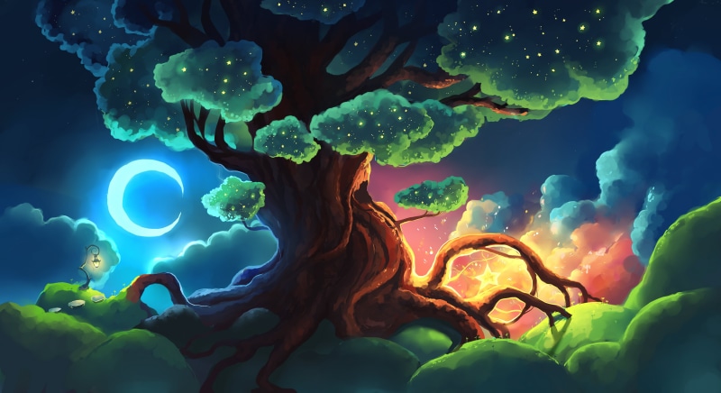 roots, digital, plants, leaves, lantern, dusk, Chibionpu, nature, lamp, shiny, 5K, lights, moon rays, Moon, clouds, landscape, crescent moon, artwork