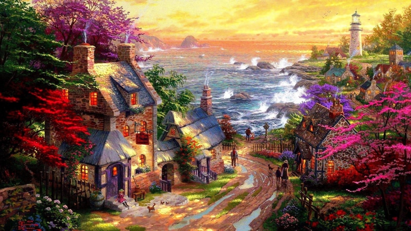 1080P, lighthouse, sky, village, sea, landscape, tree, artwork, painting, art, spring, town, nature, houses, impressionist, evening, storm, acrylic paint