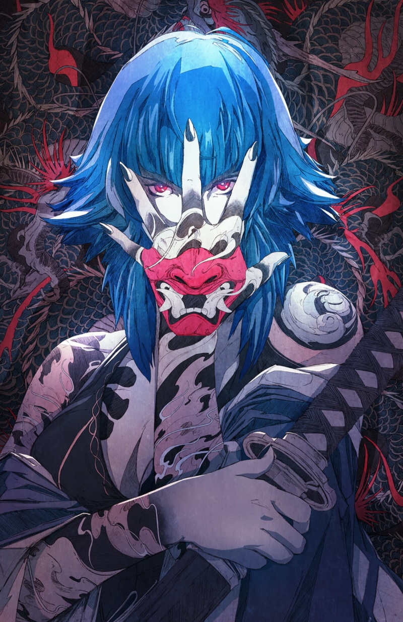 oni mask, sketches, inked girls, mask, drawing, katana, weapon, vertical, tattoo, clothes, original characters, artwork, hand on face, women, red eyes