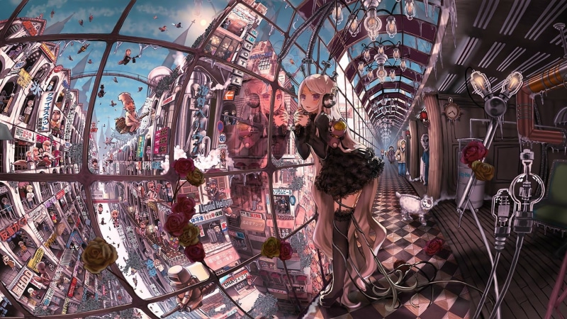 business, built structure, anime girls, famous Place, city, creativity, illustration, travel Destinations, tourist, tourism, indoors, variation, one person