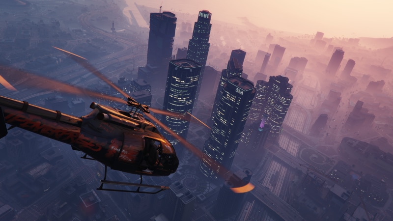 sky, gta 5, grand theft auto v, aerial View, architecture, no people, travel, helicopter, outdoors, skyscraper, water, construction Industry, street, dusk