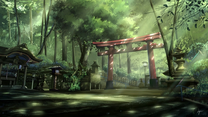 sunlight, green, illustration, park, built structure, cultures, empty, transportation, temple - Building, tree, day, leafed, buddhism, anime, tranquility