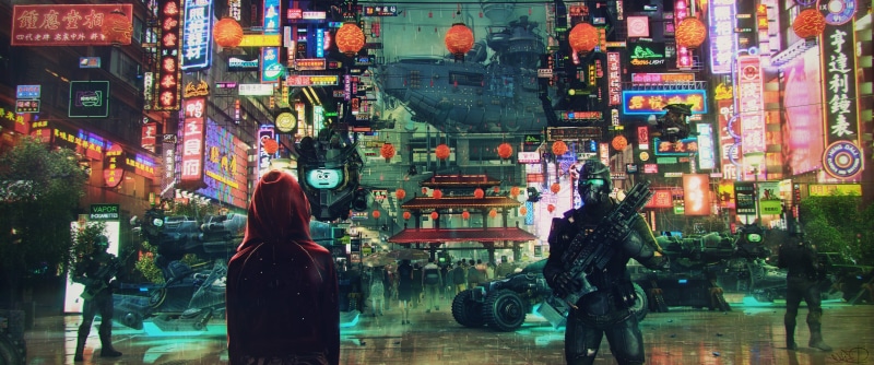 skyscraper, rear view, street, walking, nightlife, neon lights, tourism, cyberpunk, architecture, soldiers, group of people, city street, night, street Light