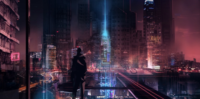 standing, modern, architecture, cyberpunk, illuminated, glowing, skyline, building, one Person, business, rear view, viewing, men, cyber, office Building