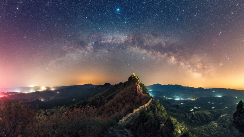 landscape, nature, sky, mountain range, starry sky, china, great wall of china, tree, horizon, 4K, phenomenon, night, mountain, stars, ancient history