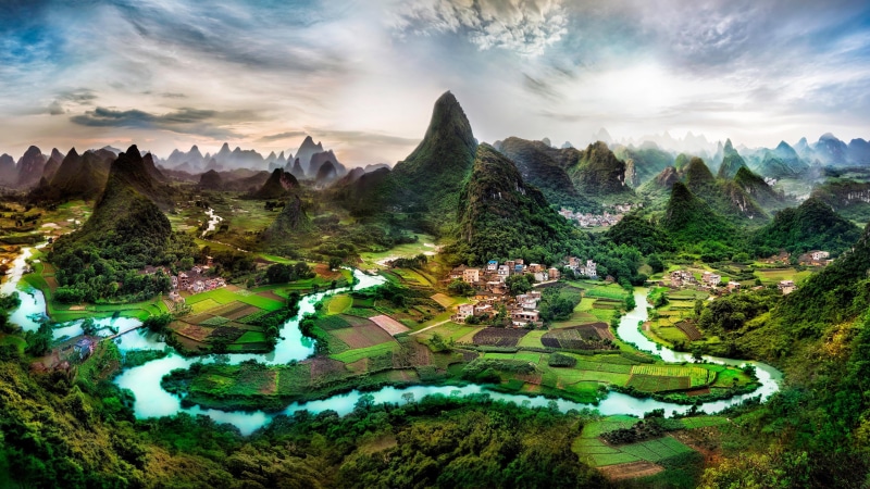 outdoors, 4K, karst, architecture, built structure, beauty in nature, guilin, land, plant, cloud - sky, green color, limestone, mountain range, china