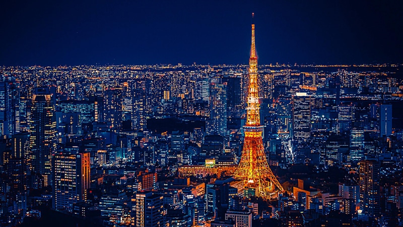 office building exterior, architecture, sky, asia, financial district, city, japan, built structure, residential district, night lights, 4K, city lights
