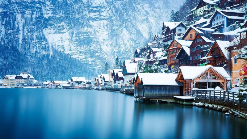 mountain range, 1080P, salzkammergut, hallstattersee, mountain, village, snow, austria, sky, hills, tourism, lake, europe, houses, bad goisern, reflection