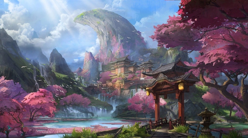 cherry blossom, river, artwork, mountains, fantasy art, Chinese architecture, 1080P