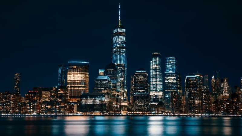 downtown, city lights, united states, sky, tower, 8K, night, new york city, metropolis, city, daytime, lower manhattan, one world trade center, 8k uhd