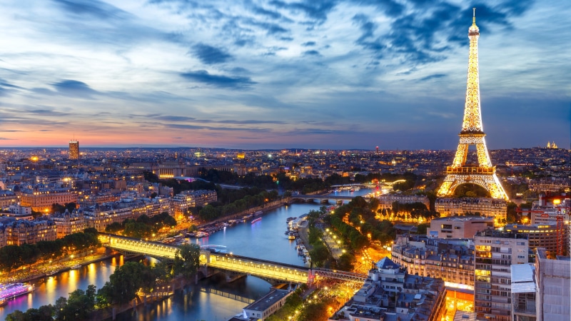 europe, sky, skyscraper, skyline, eiffel tower, river, city, seine, cityscape, 4K, metropolis, france, tourist attraction, dusk, tower, paris, landmark