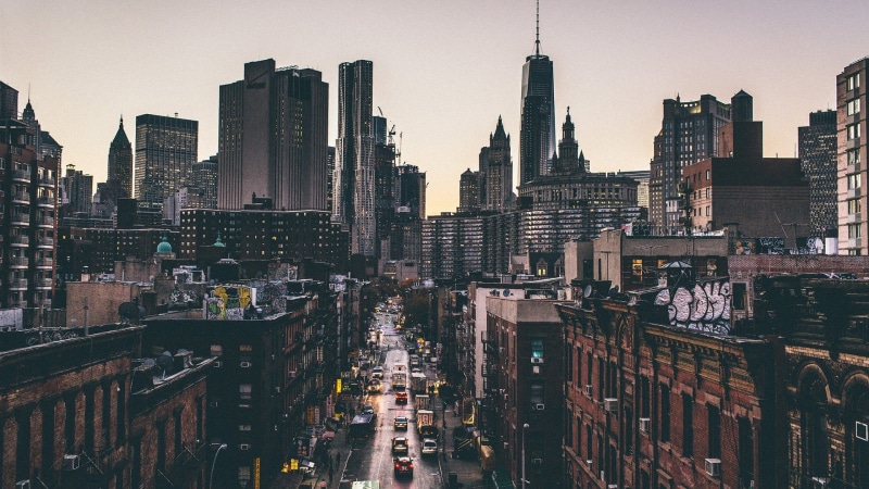 high Angle View, view, New York City, dusk, residential district, uSA, east River, golden, urban Scene, architecture, famous Place, skyscraper, office Building