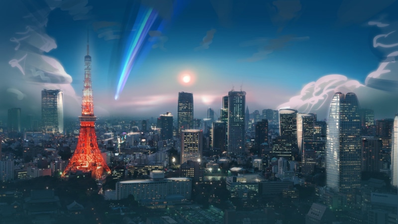 tokyo, tower, city, 4K, sky, comet, anime