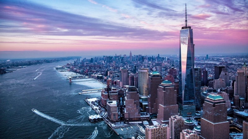 purple sky, metropolitan area, skyscraper, sky, tower, one world trade center, city, daytime, aerial view, usa, 1080P, landmark, horizon, metropolis, tower block