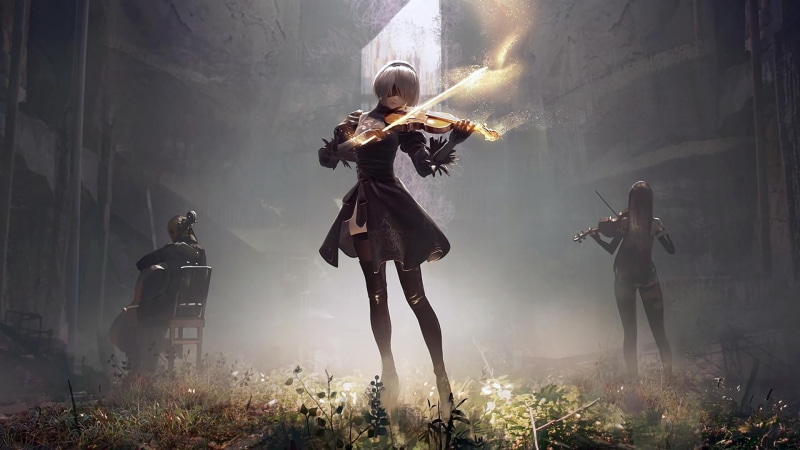 skill, females, lifestyles, holding, artist, nature, 9S (Nier: Automata), violinist, real people, dust, playing, built structure, cultures, 2B (Nier: Automata)