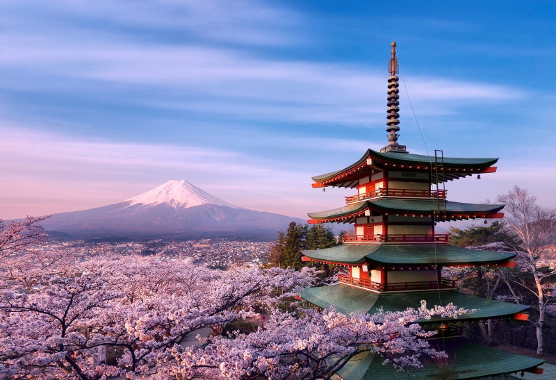 shrine, winter, sky, temple - Building, snowcapped mountain, religion, blue, Mount Fuji, mountain, japanese Fall Foliage, chinese, tourism, plant, flowers