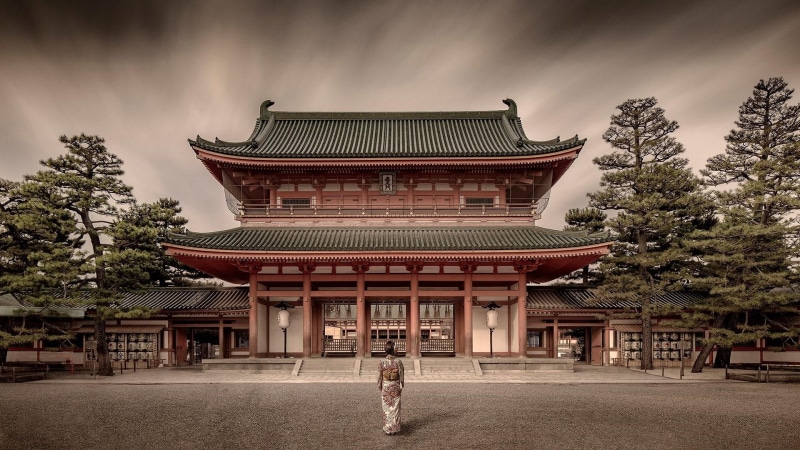 shrine, landmark, sky, asia, pagoda, facade, japanese architecture, heian shrine, architecture, building, woman, shinto shrine, japan, historical, kyoto