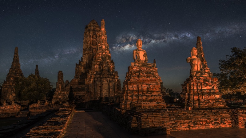 building, 4K, wat chaiwatthanaram, evening, night, ancient history, buddhist temple, milky way, sky, starry night, tourist attraction, thailand, temple