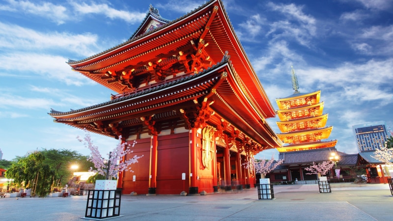 buddhism, sensoji ji, red temple, landmark, asakusa, temple, place of worship, 4K, buddhist temple, pagoda, japan, buddhist, sensoji-ji, sky, japanese architecture