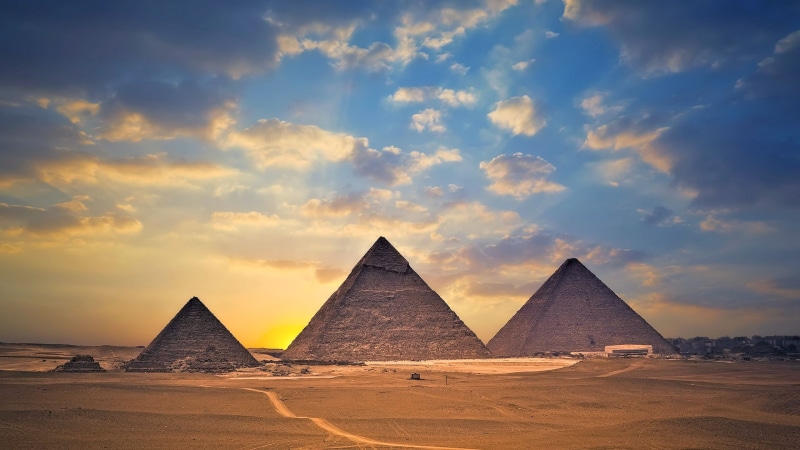 archaeology, the past, arid climate, built structure, desert, Egypt, sky, pyramid, travel destinations, shape, architecture, tranquil scene, sunset, history