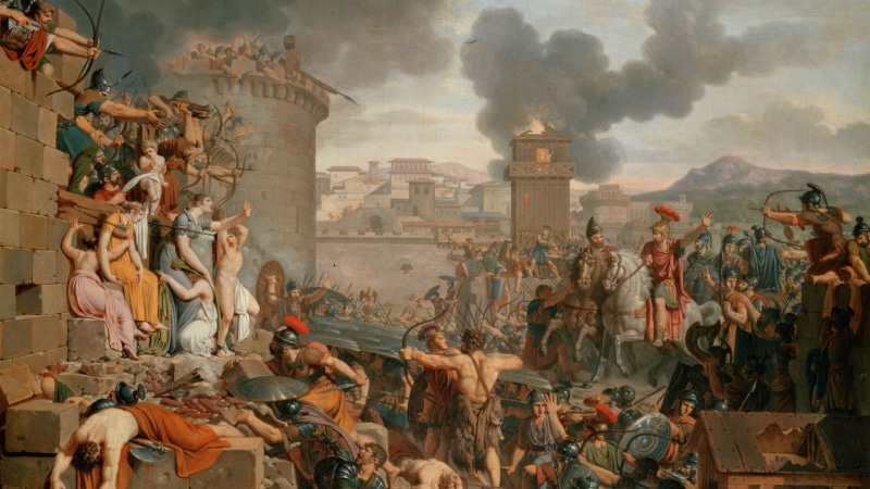 ancient greece, building exterior, classical art, city, architecture, smoke - physical structure, art and craft, crowd, sculpture, war, statue, painting