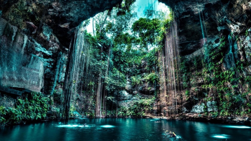 1080P, maya, mexico, chichen itza, waterfall, cenote ik kil, ancient, yucatan, lake, cenotes, cave, rocky, yucatan peninsula