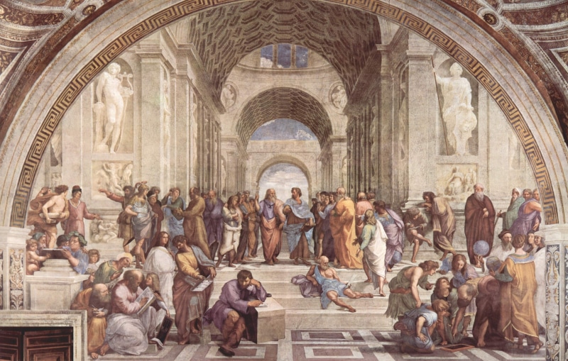 outdoors, fresco, art and craft, room of the signature, statues, arch, representation, la stanza, italian high renaissance, raffael, art school of athens