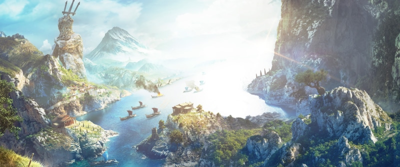 tranquil scene, video games, non-urban scene, ultrawide, scenics - nature, ultra-wide, panoramic, Assassins Creed, mountain, forest, coniferous tree, lens flare