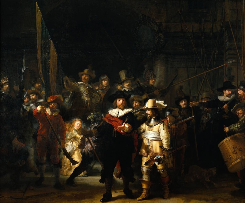people, group, canvas, art, adult, the night watch, painting, indoors, women, 720P, standing, night, ancient, painter, artwork, full length, stage, men
