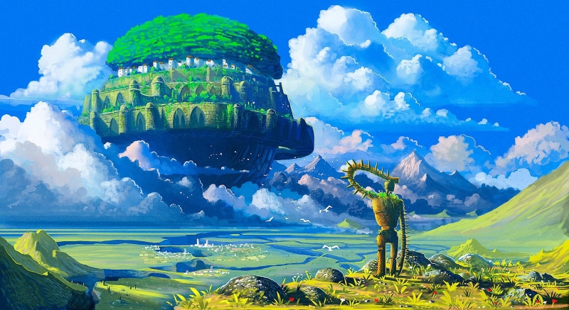computer Graphic, day, no people, robot, built structure, land, river, Castle in the Sky, scenics - nature, green, famous Place, beauty in nature, painting