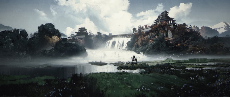 digital art, video games, horse, video game art, ultra-wide, castle, ultrawide, waterfall, 5K, Ghost of Tsushima