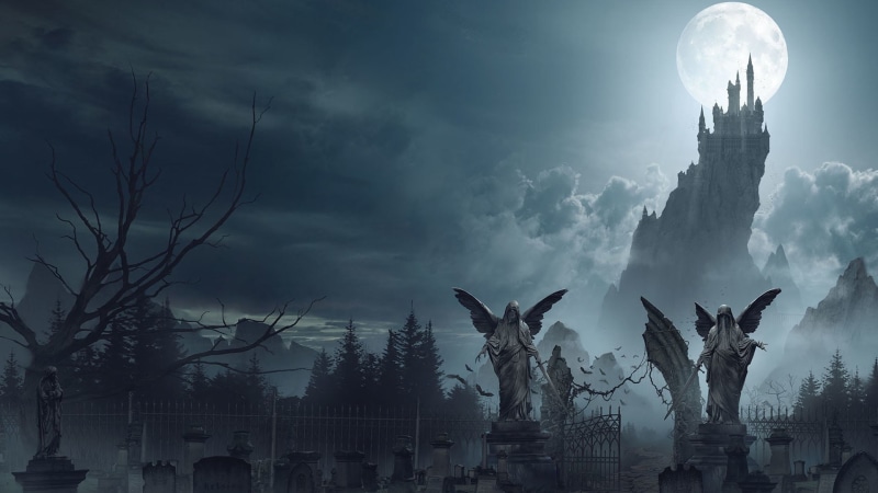 Draculas castle, the moon, cemetery, 1080P, Dracula Castle, Ian Llanas