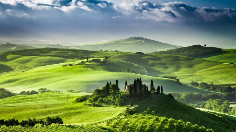 Tuscany, nature, green, rolling Landscape, scenics - nature, day, color Image, tranquil Scene, road, beauty In Nature, farm, environment, house, pienza