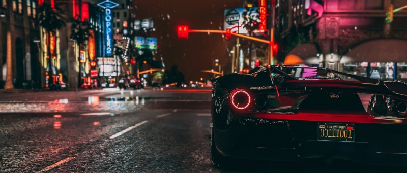 rain, 4k, games, gta 5, gta v, land vehicle, water, rainy season, illuminated, red, city life, 4K, motor vehicle, wet, architecture, transportation, mode of transportation