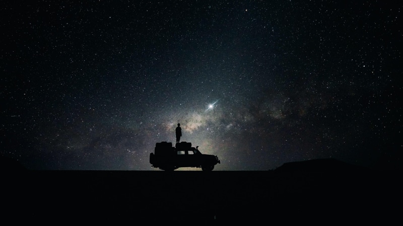 car, night, milky way, starry, sky, space, stars, 4K