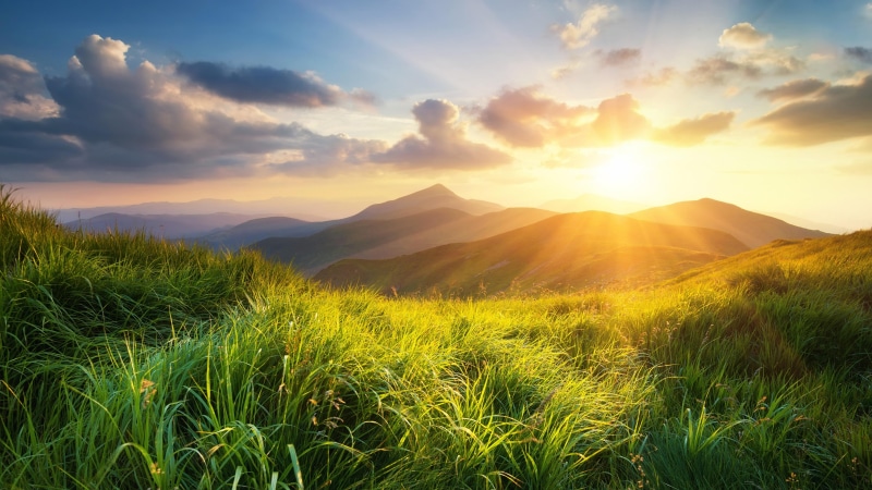 mount scenery, grassland, sky, 5k uhd, grass, landscape, 5K, sunshine, 5k, sunbeam, hill, sunlight, nature, good morning, meadow, mountain, field, sunrise