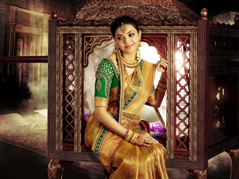 silk, dress, 720P, one person, front view, s, Kajal Agarwal, real people, saree, lifestyles, brown, looking at camera, portrait, sari, women, traditional clothing