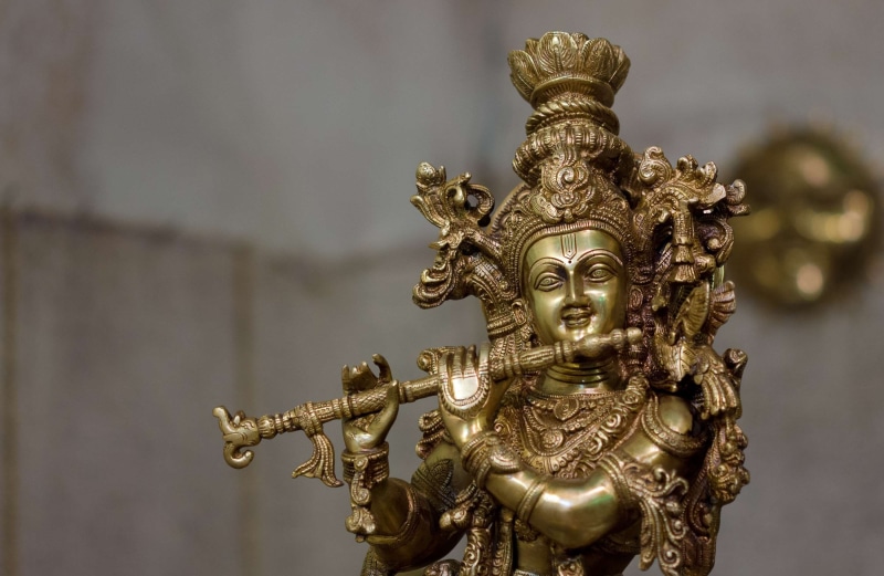 creativity, gold colored, representation, focus on foreground, metal, sculpture, 2K, statue, antique, religion, spirituality, belief, lord krishna, architecture