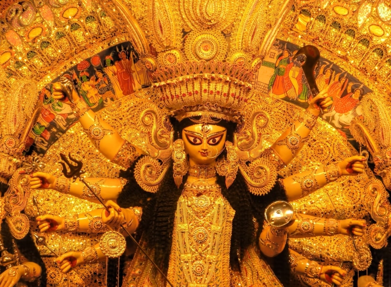 puja, carving, belief, gold colored, idol, festival, durga, ornate, human representation, 1080P, hindu, religion, spirituality, creativity, place of worship