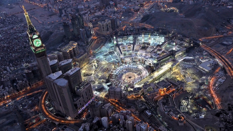 earth, night, city, space, religion, great mosque of mecca, metropolis, cityscape, mecca, 1080P, mosque, aerial photography, saudi arabia